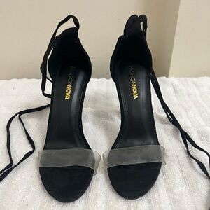 Fashion Nova Black and Clear Strap Heels